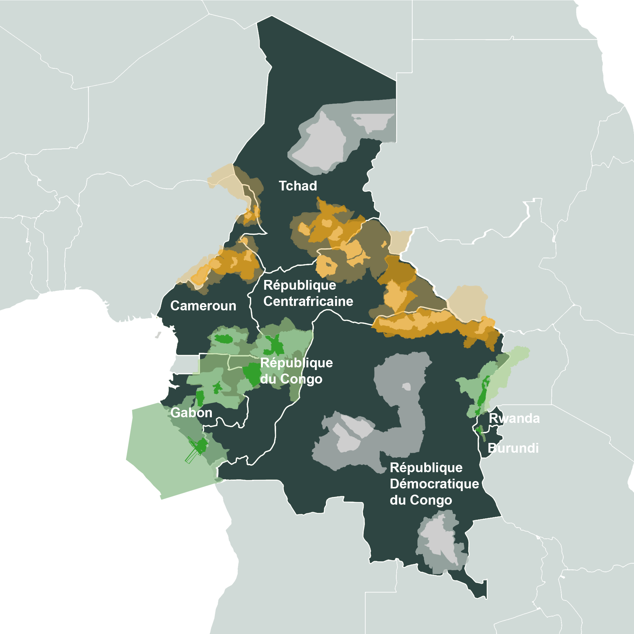 Carte des 10 paysages numérotés appuyés par NaturAfrica en Afrique centrale